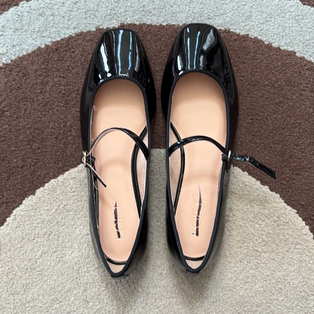 “Loft” black patent buckle strap ballet flats; size 8; NWOT